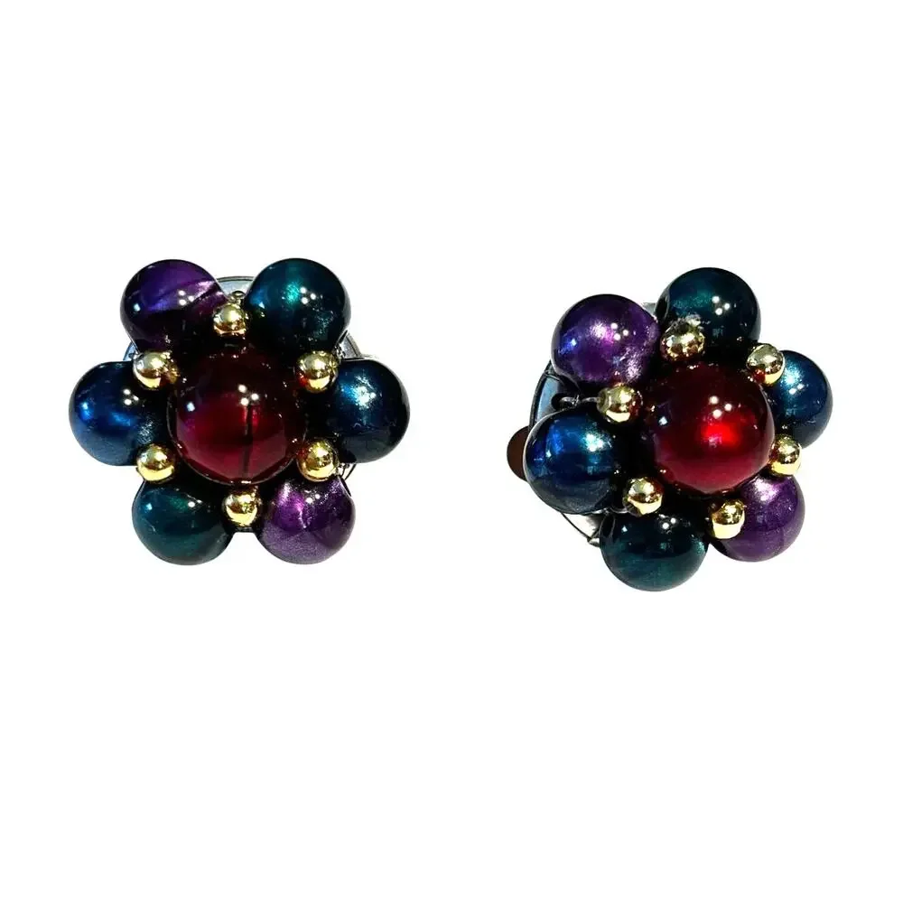 Vintage clip on earrings gem tones & gold beaded clusters mid century rounds